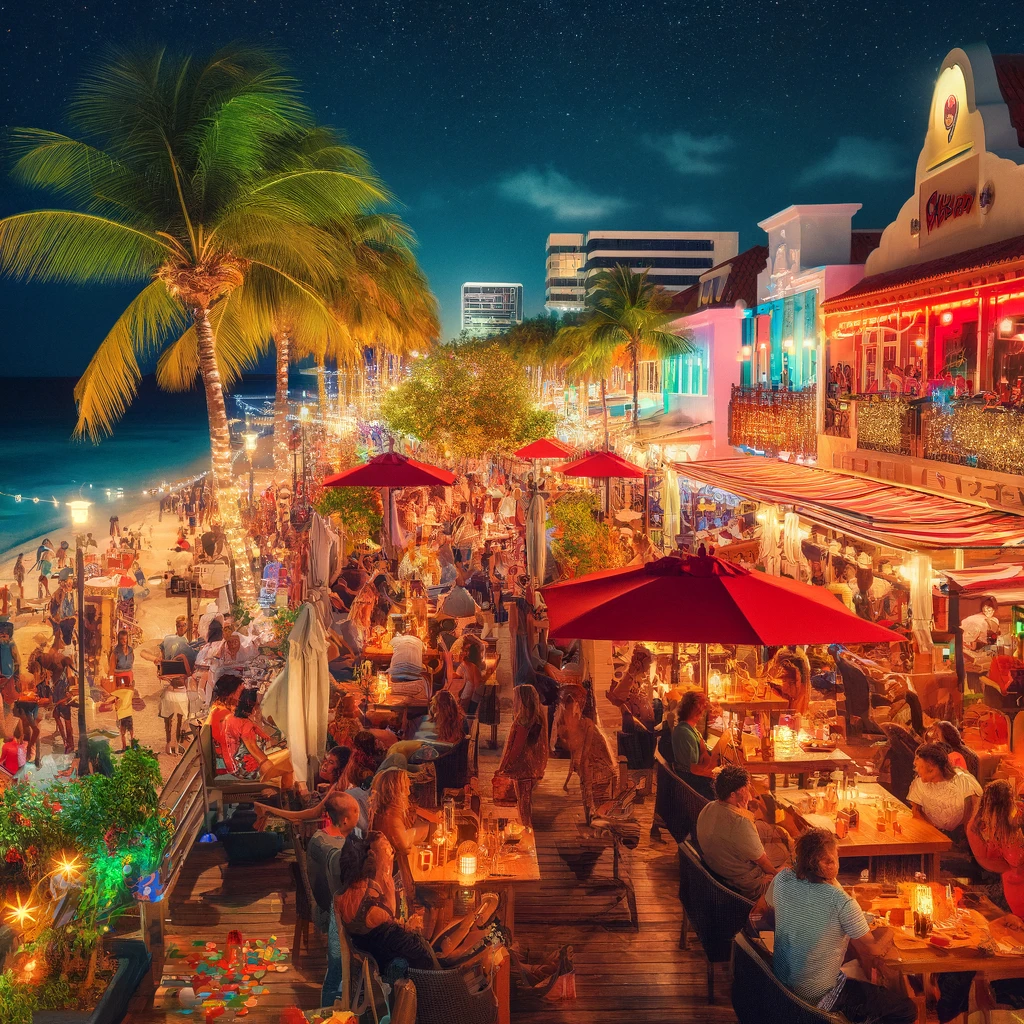 Nighttime scene on the Aruba Boardwalk with people dining at outdoor restaurants, sipping cocktails, and listening to live music, with colorful lights and the ocean in the background.