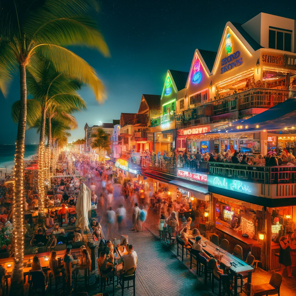 Nighttime scene on the Aruba Boardwalk with people enjoying bars and restaurants, colorful lights illuminating palm trees, and the ocean in the background.