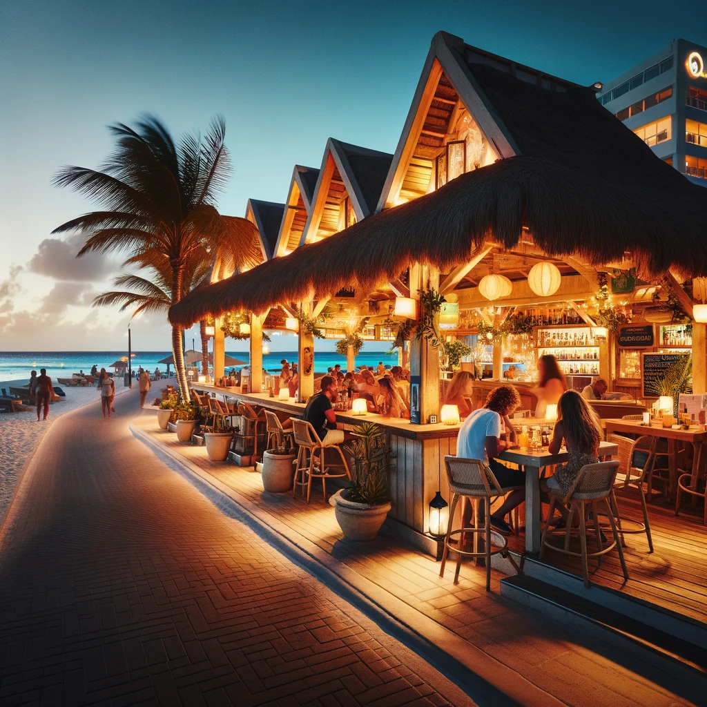 Evening scene at a cozy beachfront bar on the Aruba Boardwalk with warm lights, patrons enjoying drinks and live music, palm trees, and the ocean in the background.