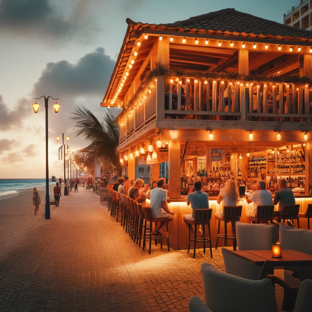 Evening scene on the Aruba Boardwalk featuring a cozy beachfront bar with warm lighting, patrons, palm trees, and the ocean in the background.