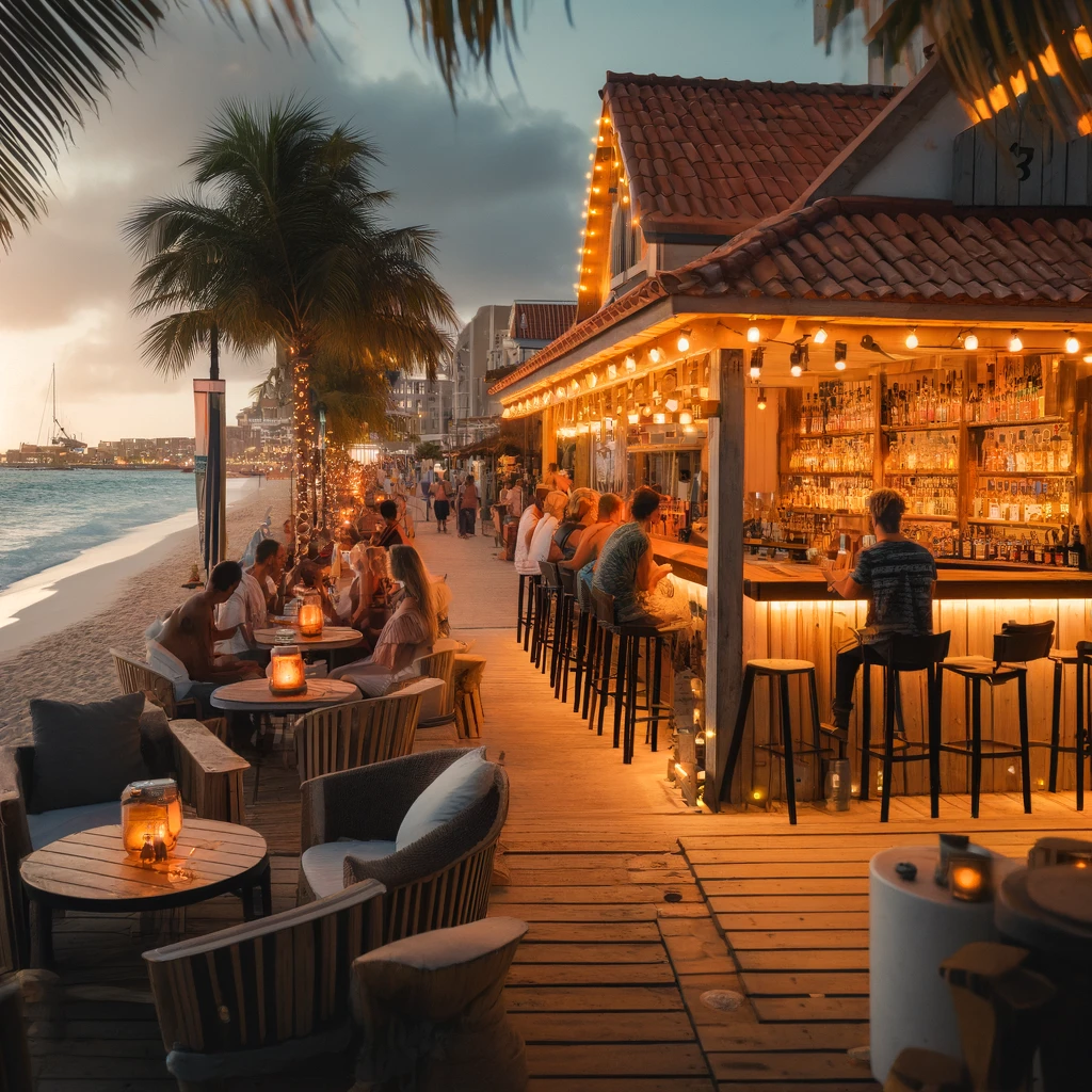 Evening scene at a cozy beachfront bar on the Aruba Boardwalk with warm lights, patrons enjoying drinks and live music, palm trees, and the ocean in the background.