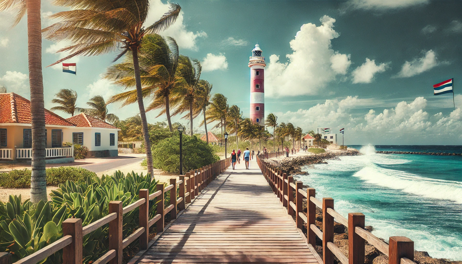 "Picturesque boardwalk in Aruba leading to a historic lighthouse, with clear blue skies, gentle waves, lush greenery, and swaying palm trees."