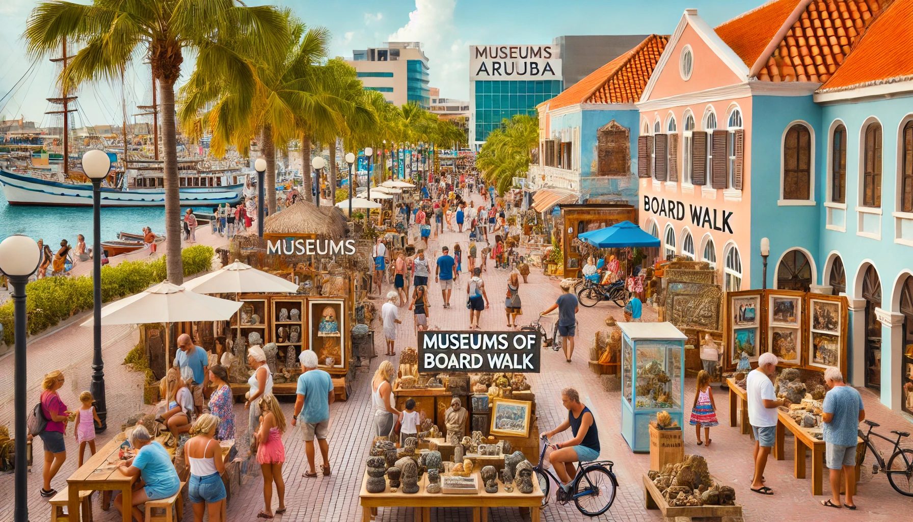 Visitors explore the Museums of Aruba Board Walk, enjoying historical artifacts, art displays, and cultural showcases amidst palm trees and colorful buildings.