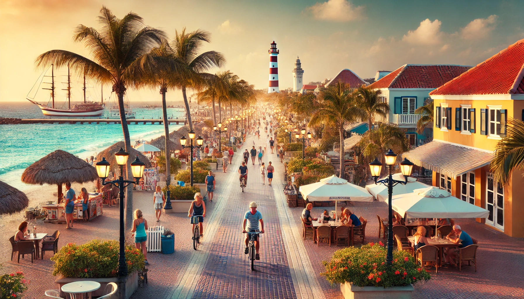 A vibrant scene at the Aruba Board Walk with iconic lighthouses in the background, bustling with tourists enjoying various activities, vendors selling local crafts, and palm trees lining the path against a backdrop of the azure sea and a golden sunset.