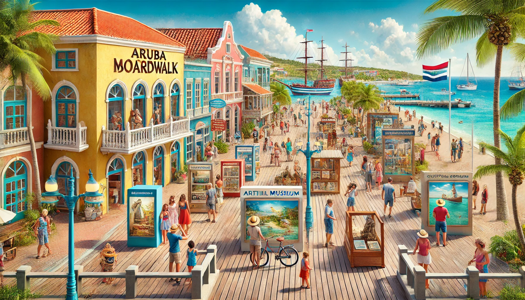 Tourists exploring vibrant museums at Aruba Boardwalk with Caribbean architecture, coastal scenery, and interactive exhibits under a clear blue sky.